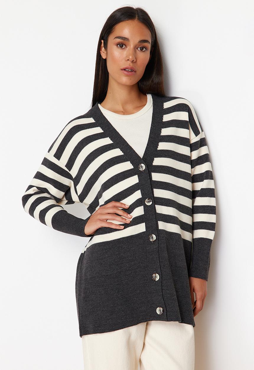Trendyol - V-neck striped cardigan - anthracite 