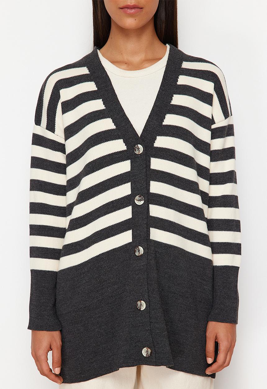 Trendyol - V-neck striped cardigan - anthracite 