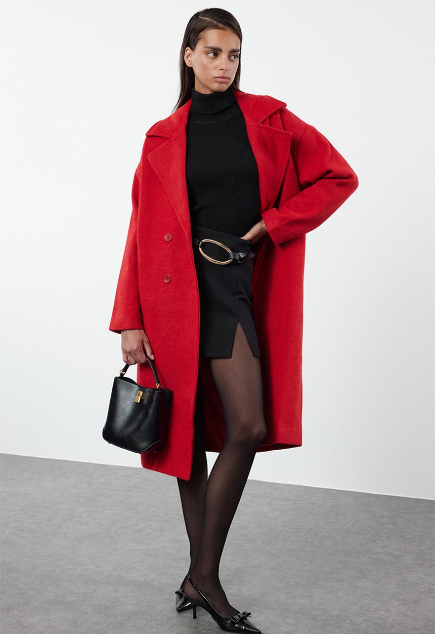 Trendyol - Oversize wide cut long wool cashmere coat - red