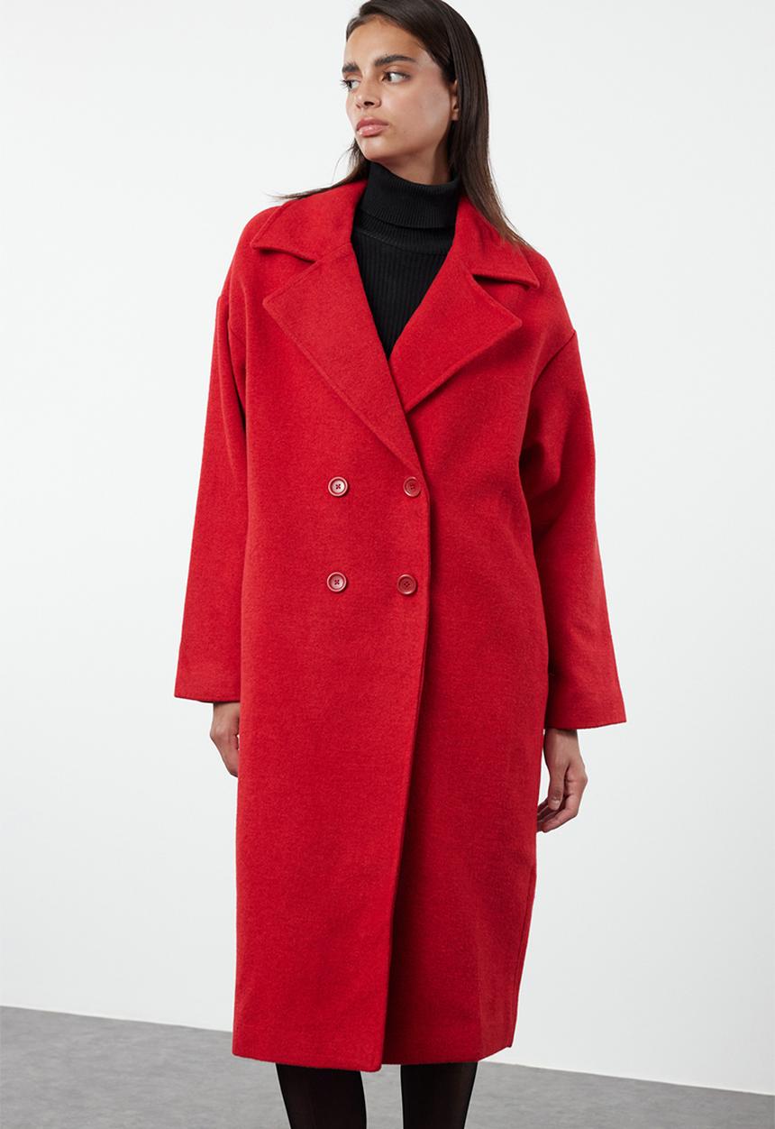 Trendyol - Oversize wide cut long wool cashmere coat - red