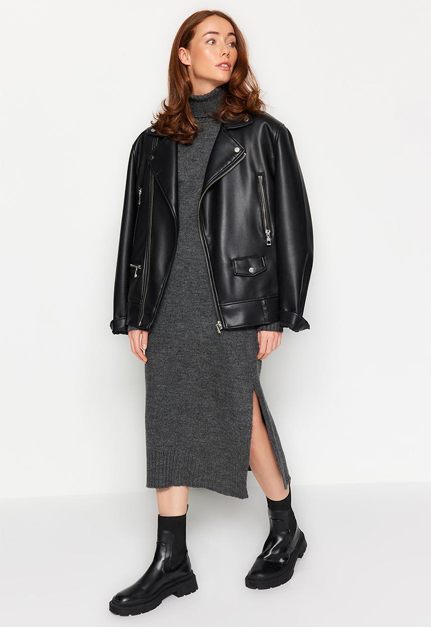 Trendyol - Midi knit wide pattern soft texture dress - anthracite