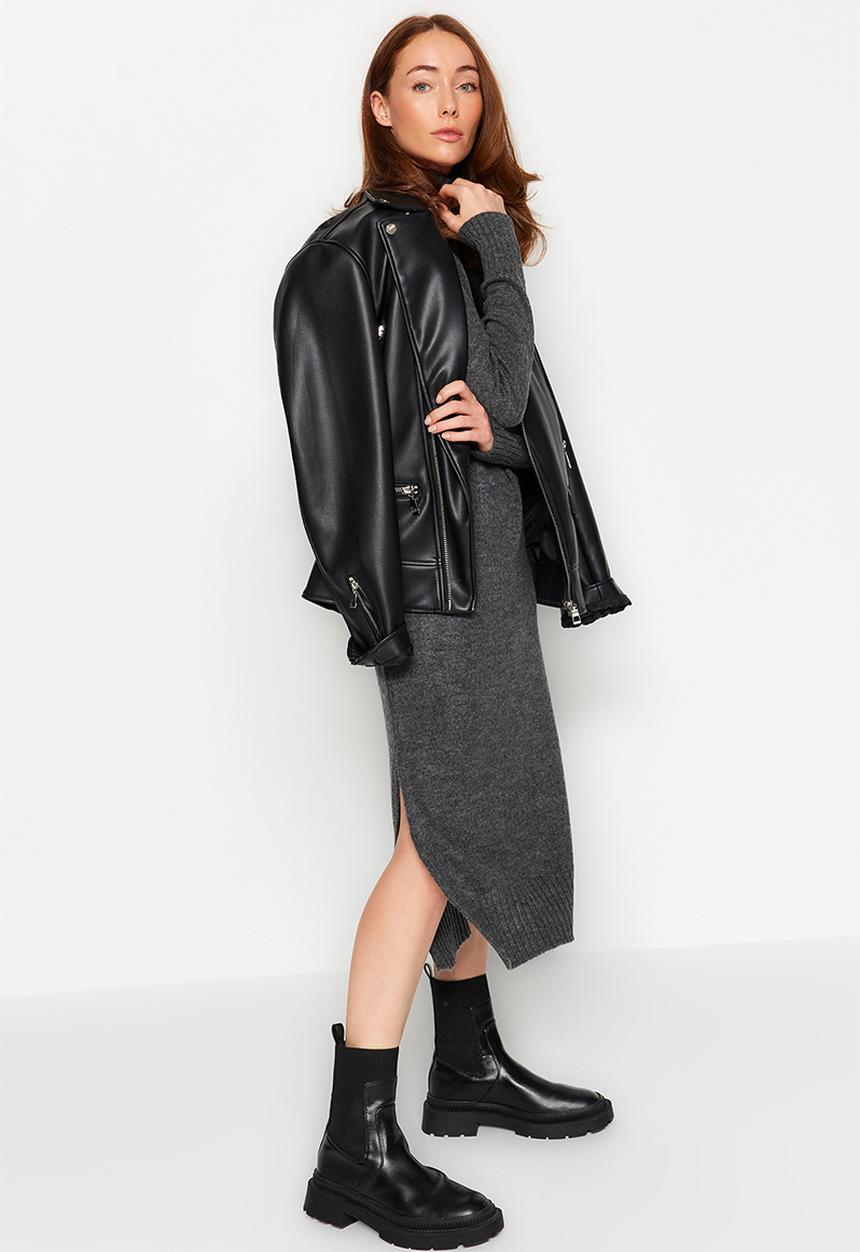 Trendyol - Midi knit wide pattern soft texture dress - anthracite