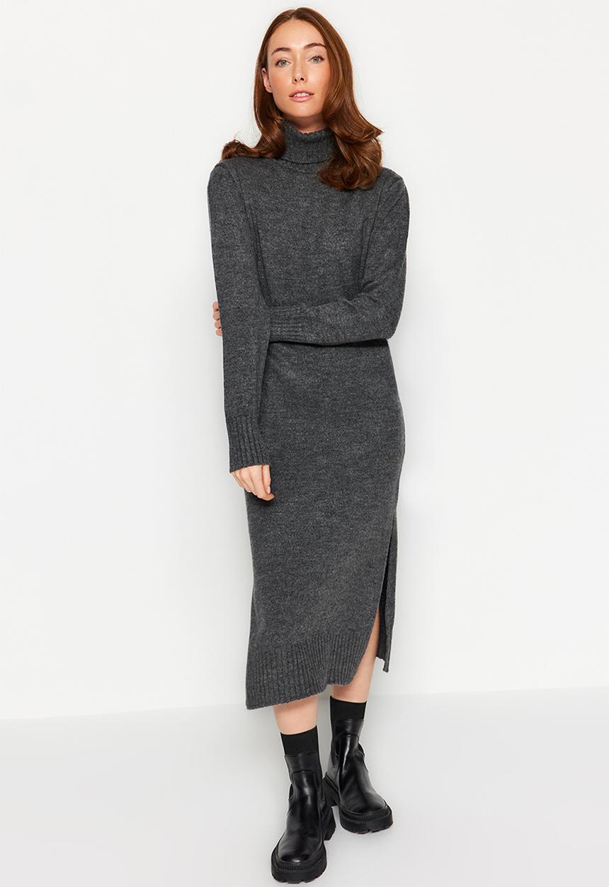 Trendyol - Midi knit wide pattern soft texture dress - anthracite