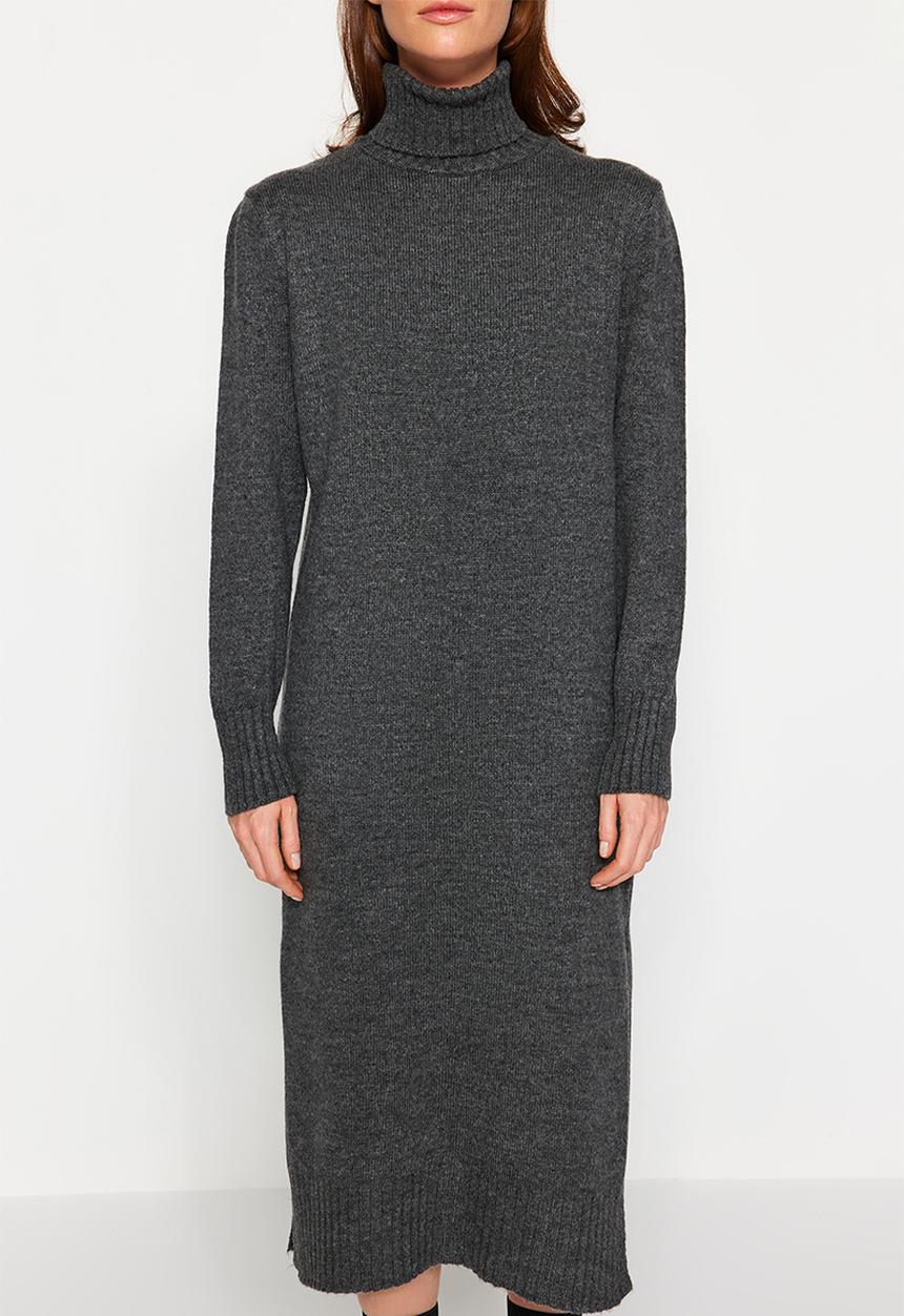 Trendyol - Midi knit wide pattern soft texture dress - anthracite