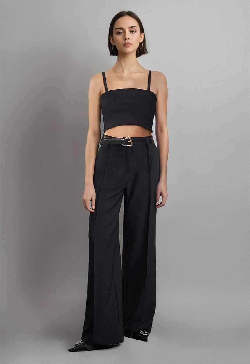Trendyol - Belted ankle length woven fabric trousers - black