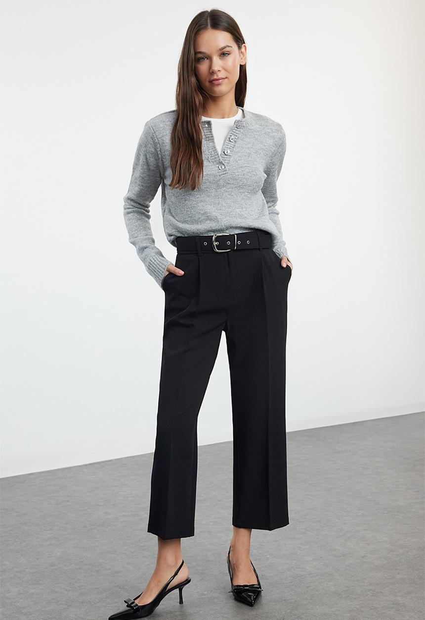Trendyol - Belted ankle length woven fabric trousers - black