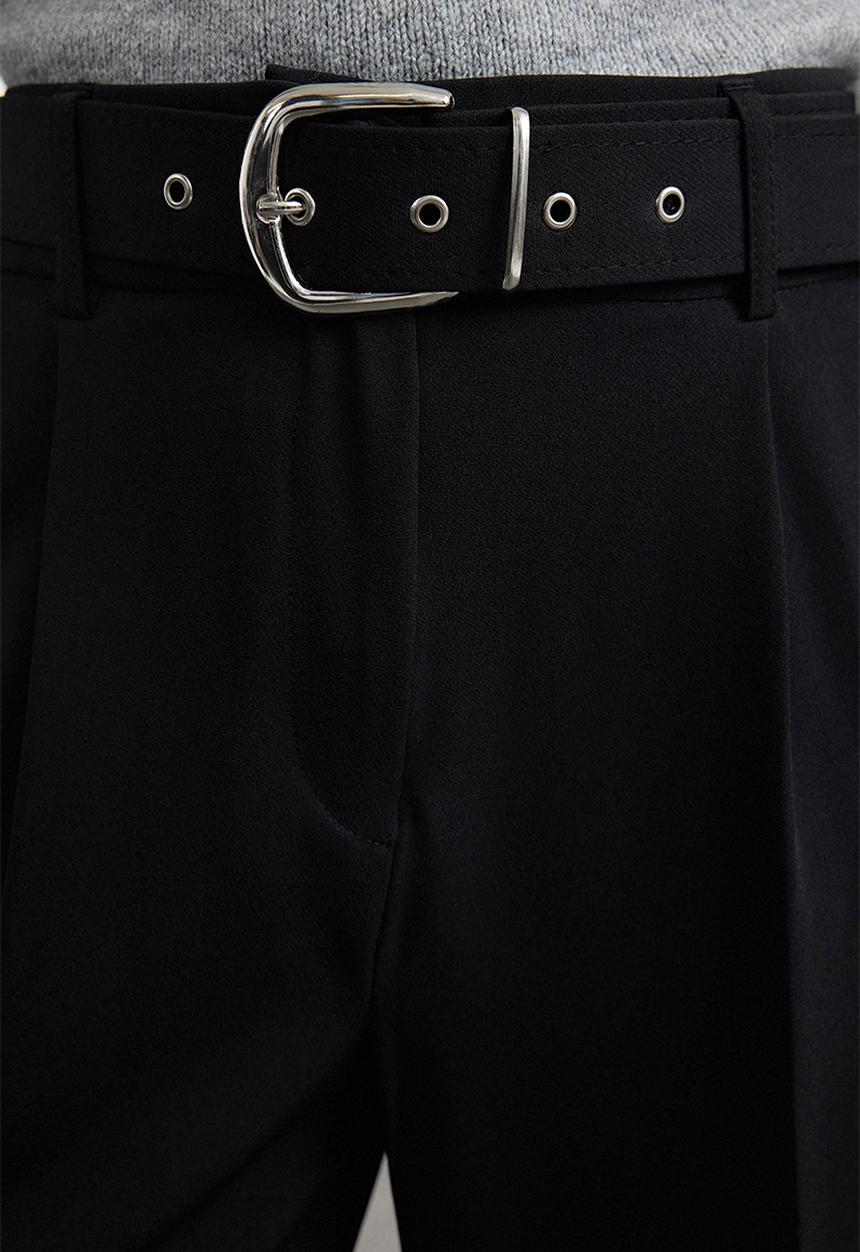 Trendyol - Belted ankle length woven fabric trousers - black