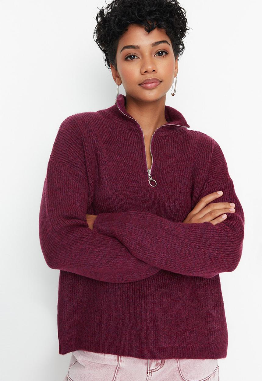 Trendyol - Soft textured zippered knitwear - light purple 