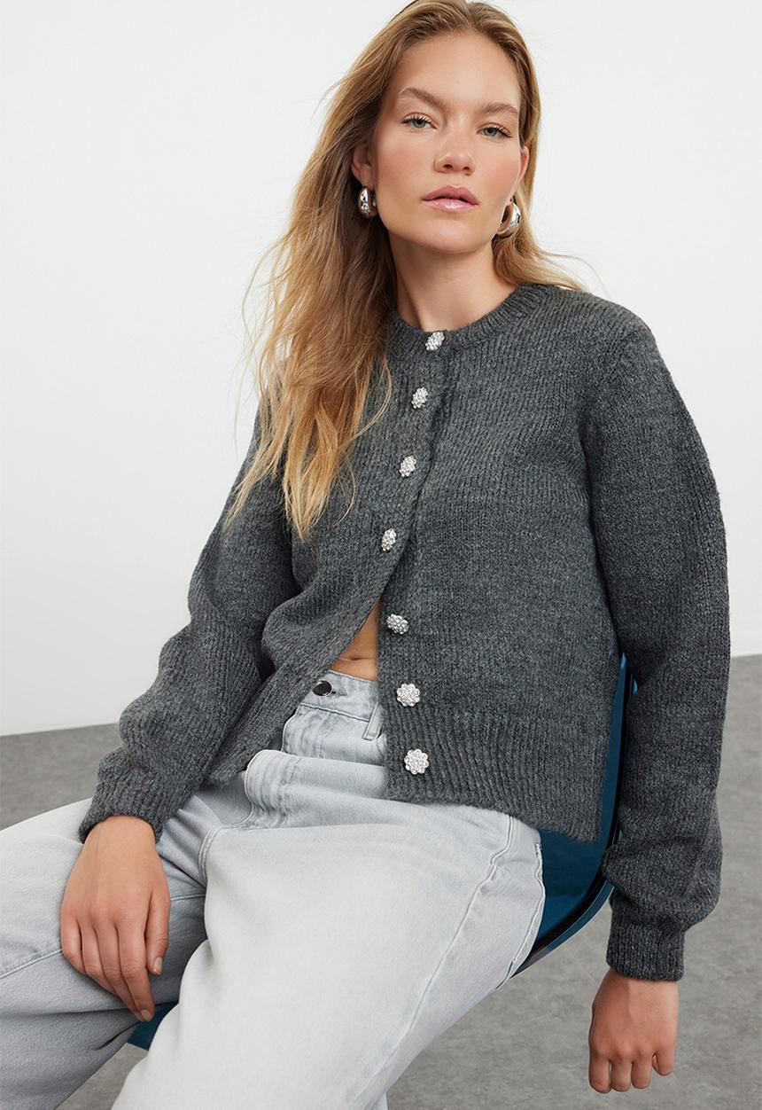 Trendyol - Soft texture jewel buttoned jacket look knitted cardigan - anthracite 