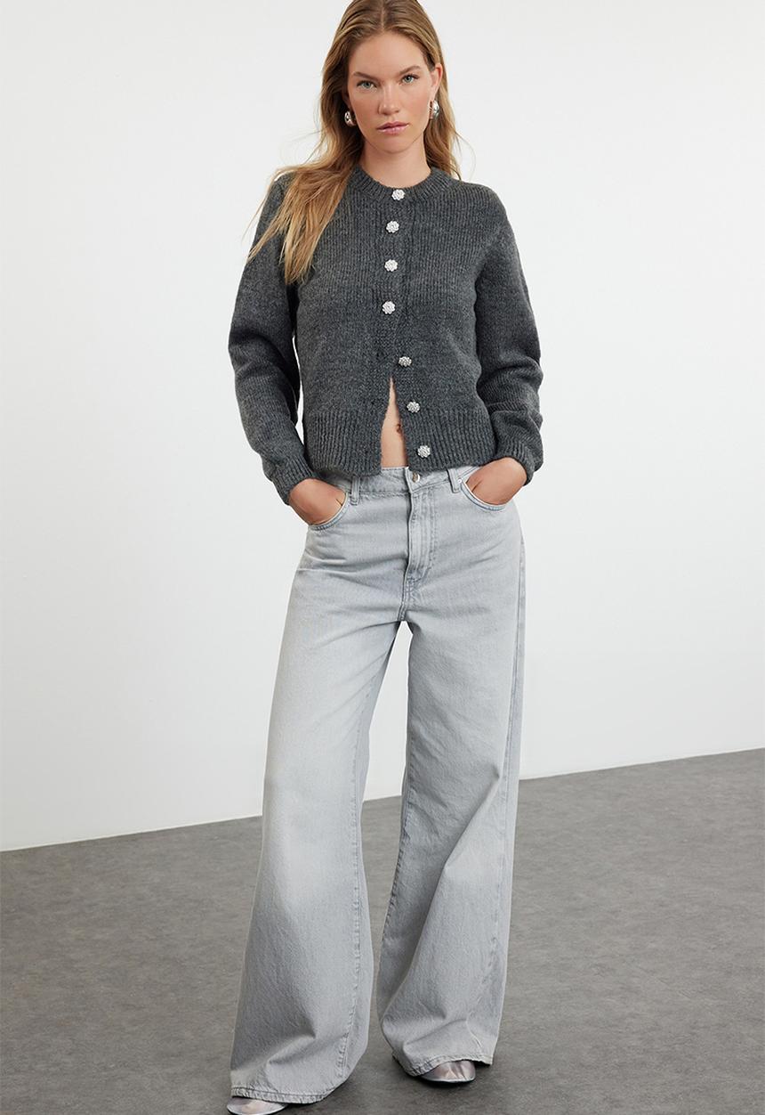 Trendyol - Soft texture jewel buttoned jacket look knitted cardigan - anthracite 