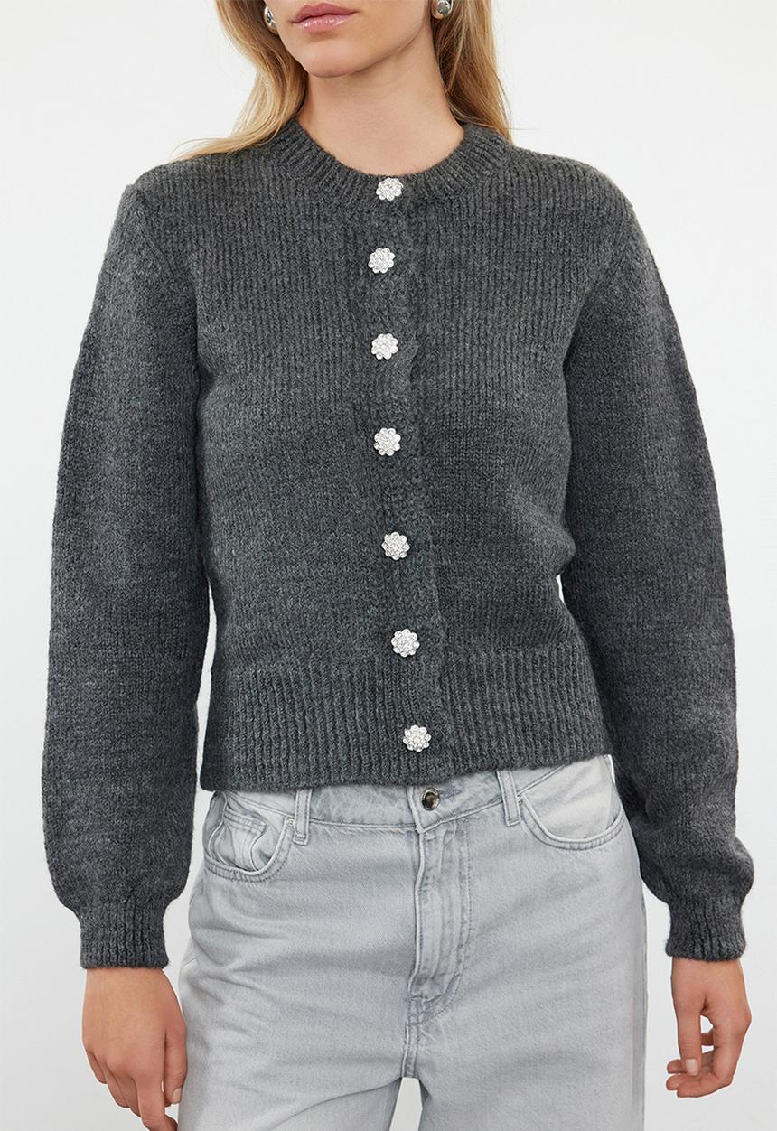 Trendyol - Soft texture jewel buttoned jacket look knitted cardigan - anthracite 