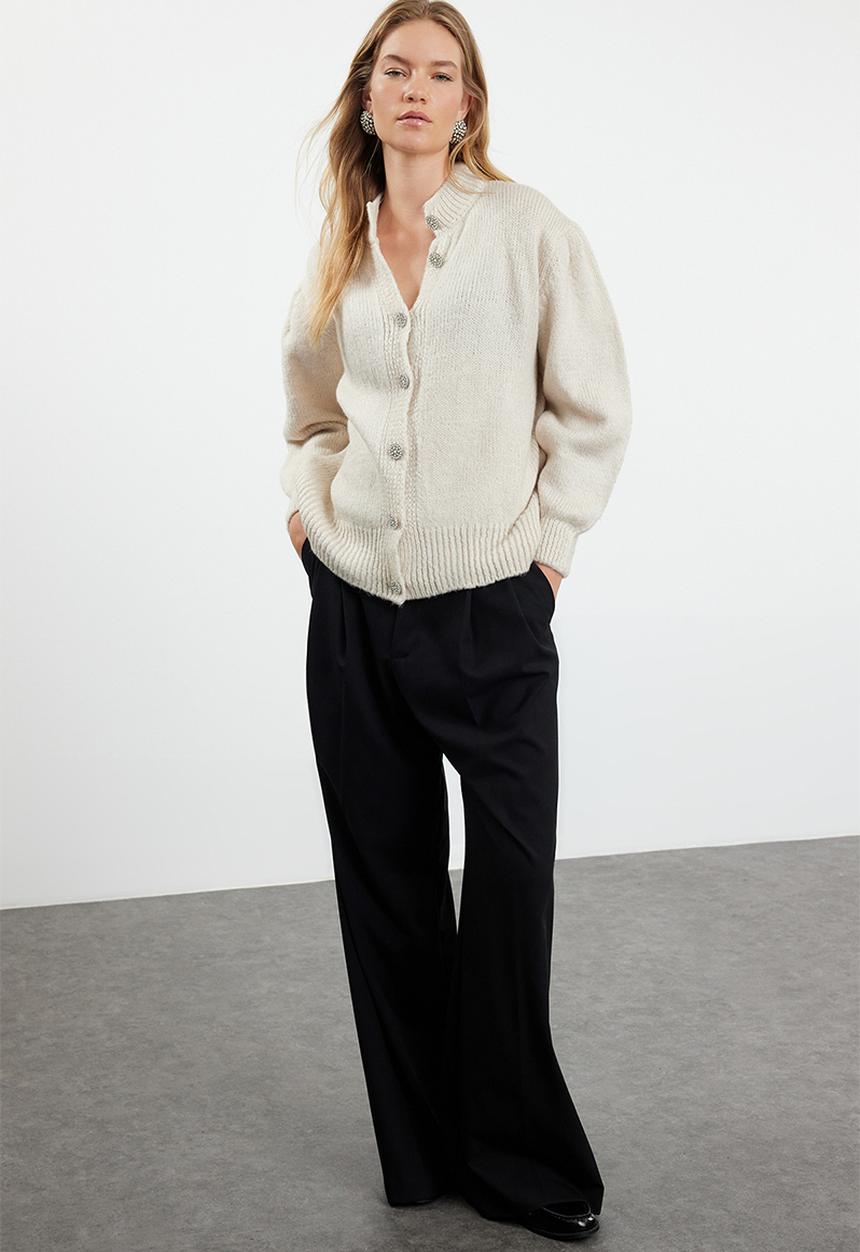 Trendyol - Soft texture jewel buttoned jacket look knitwear cardigan - stone 