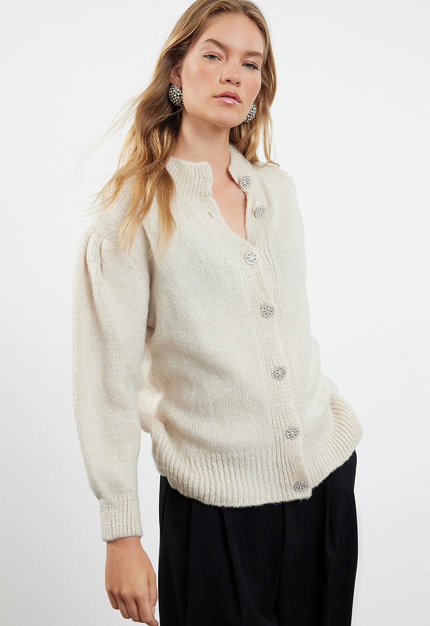 Trendyol - Soft texture jewel buttoned jacket look knitwear cardigan - stone 