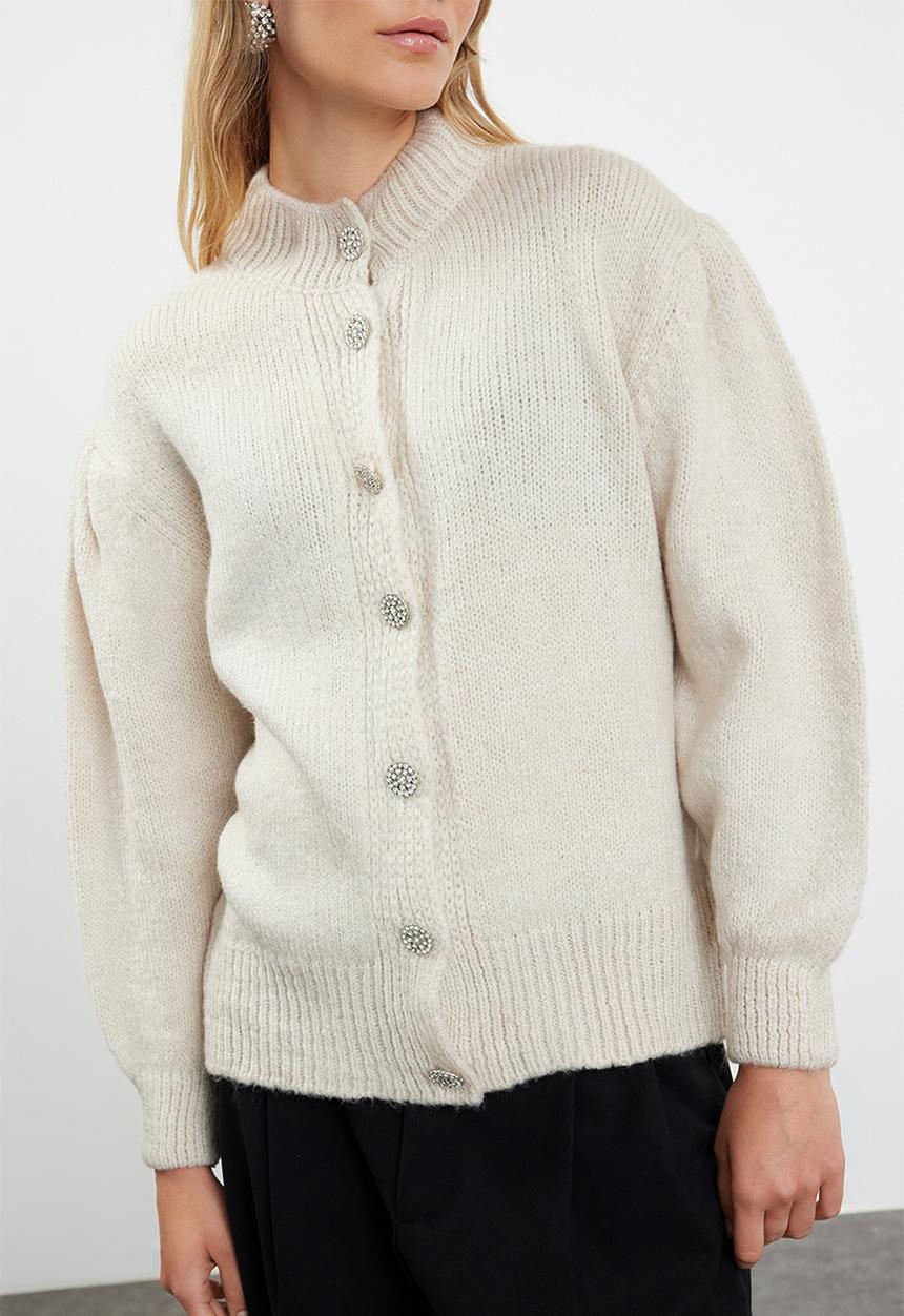 Trendyol - Soft texture jewel buttoned jacket look knitwear cardigan - stone 