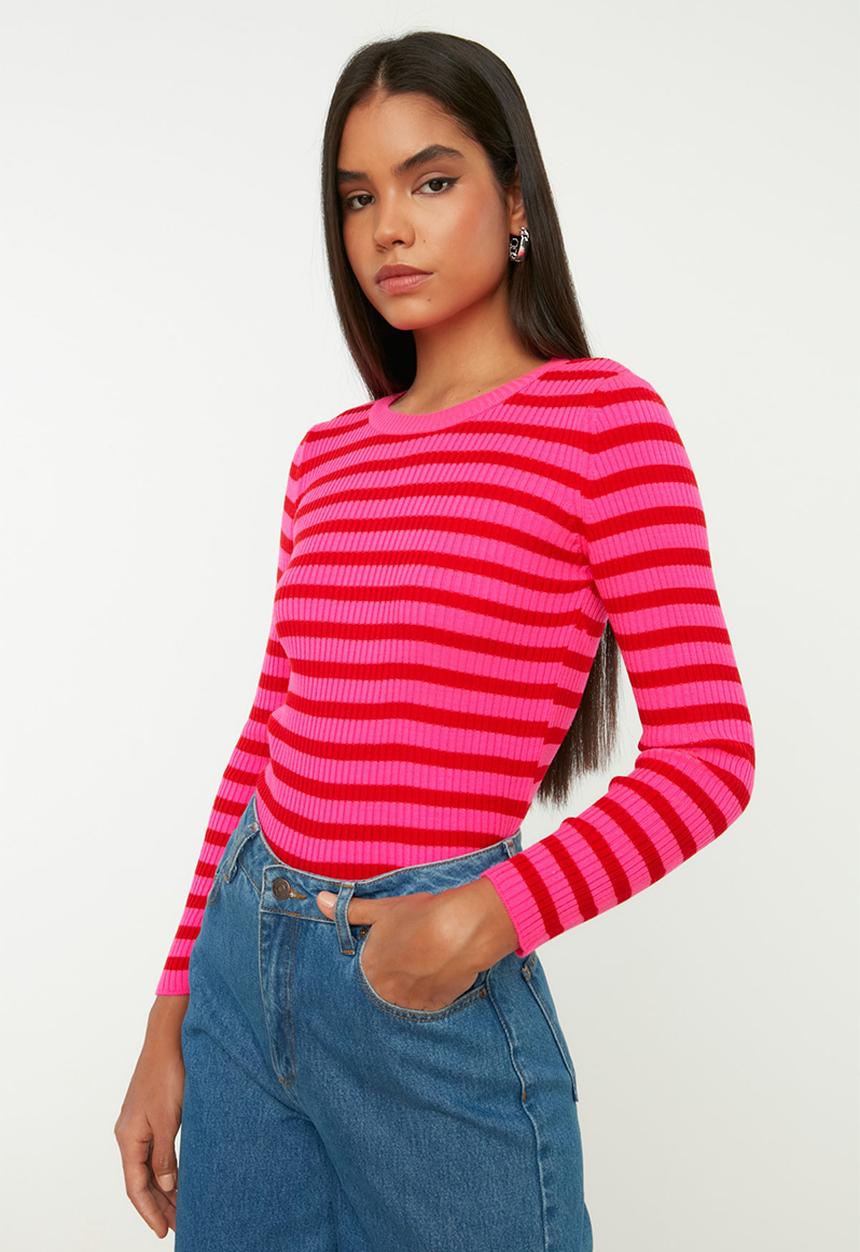 Trendyol - Basic striped knitwear sweater - red 
