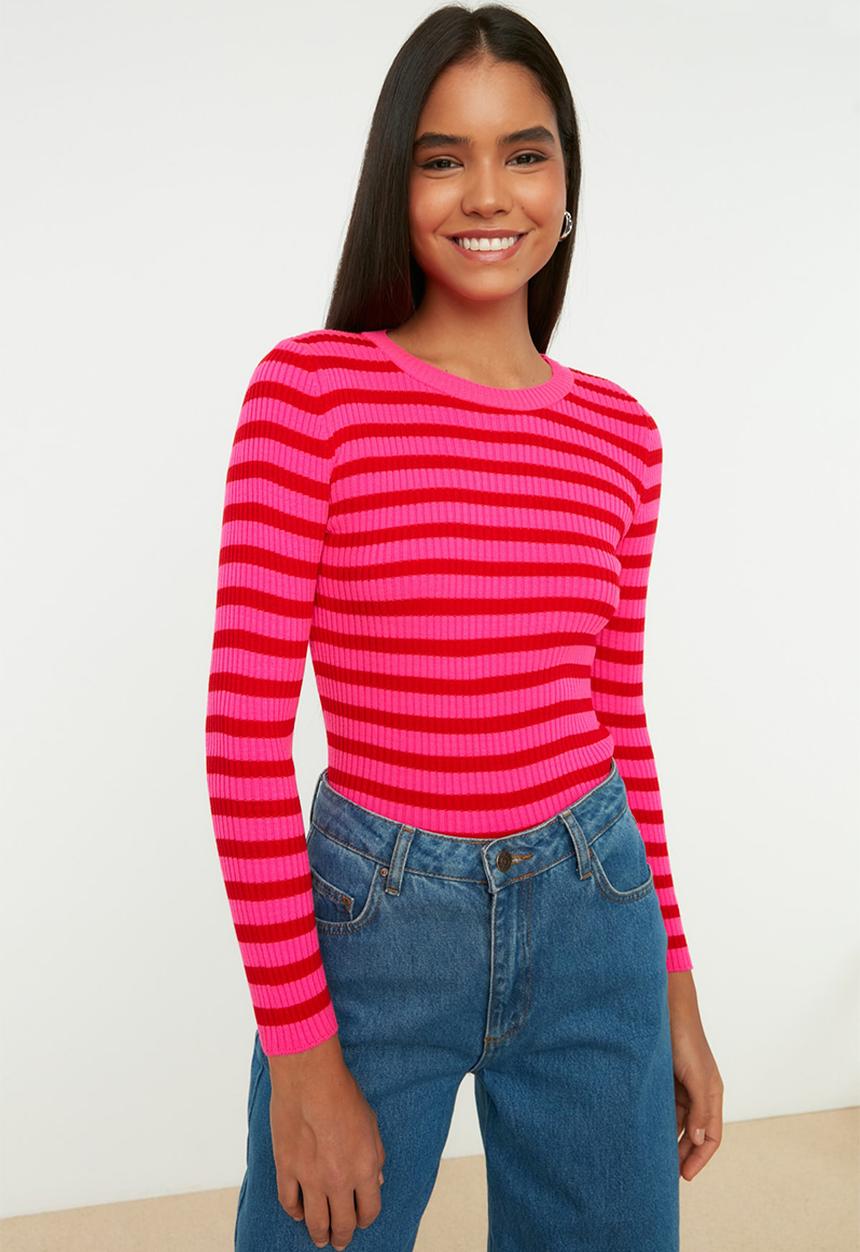 Trendyol - Basic striped knitwear sweater - red 