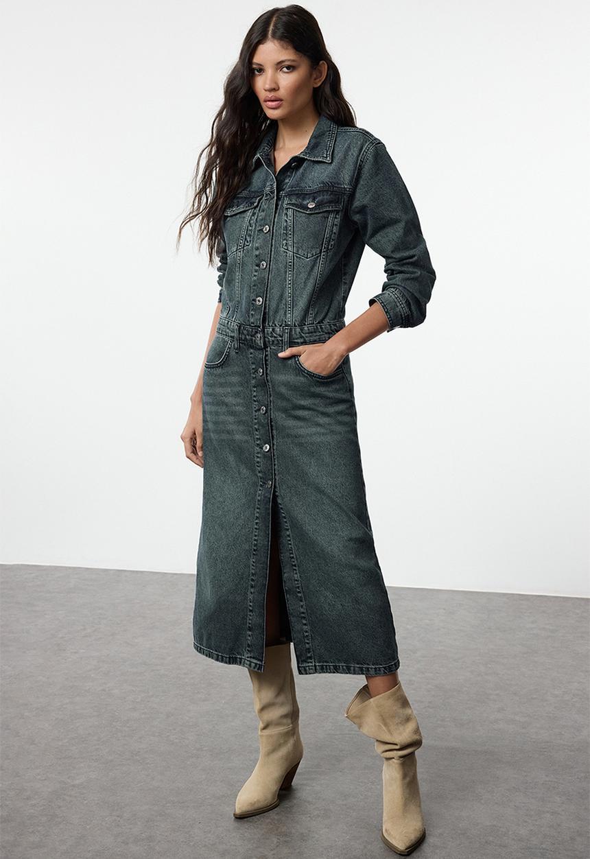 Trendyol - Midi denim shirt dress - dark blue 