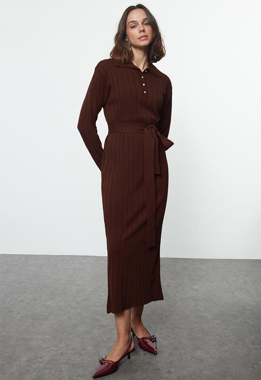 Trendyol - Belted buttoned polo collar knitwear corduroy sweater - brown
