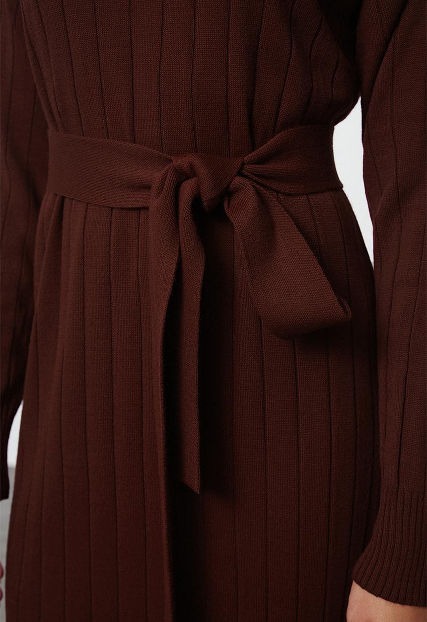 Trendyol - Belted buttoned polo collar knitwear corduroy sweater - brown