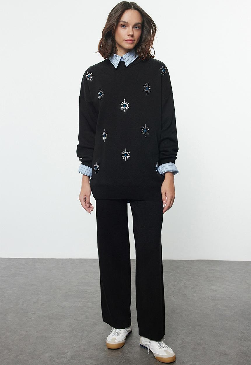 Trendyol - Embroidery eye detailed knitwear bottom-top set - black