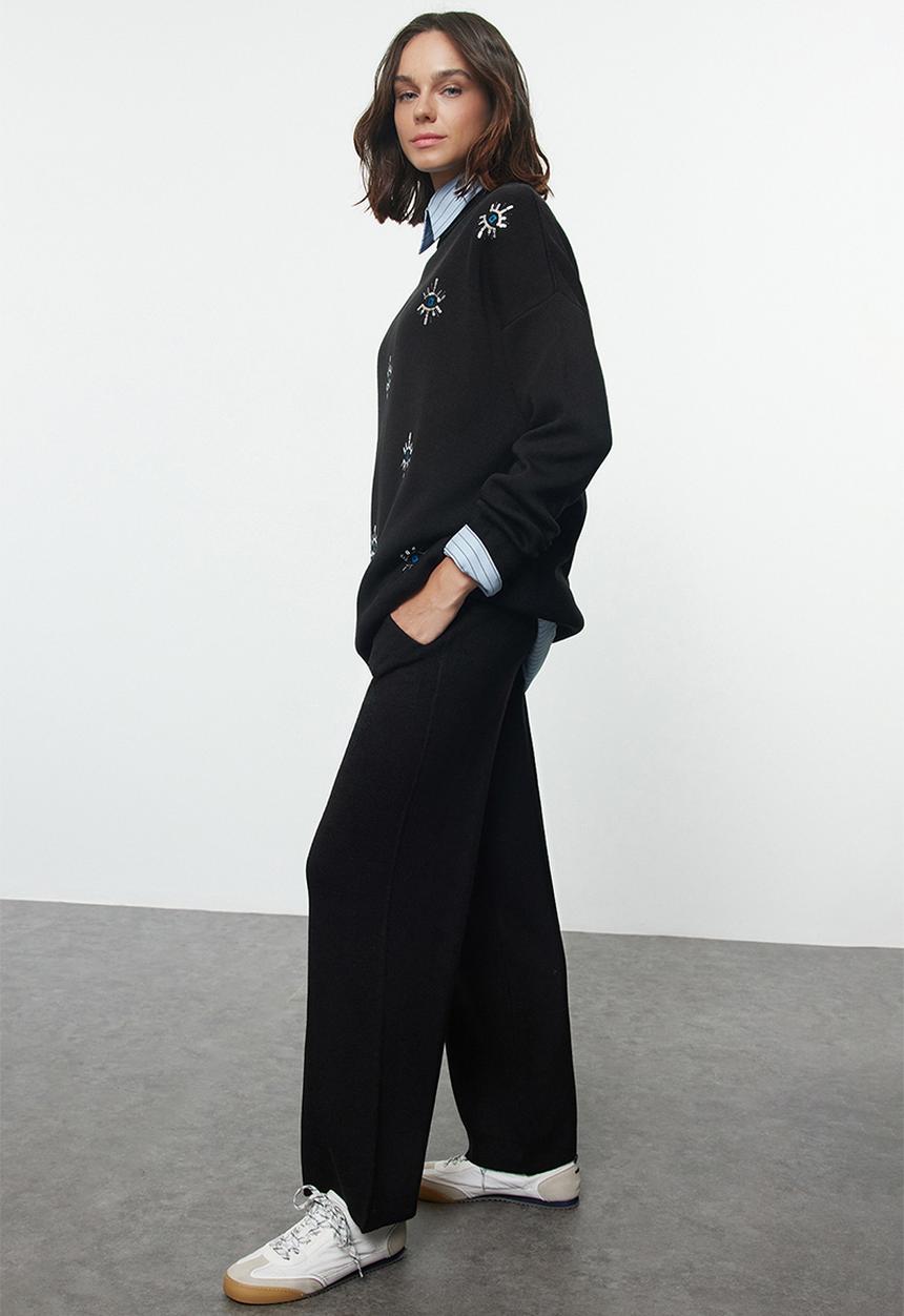 Trendyol - Embroidery eye detailed knitwear bottom-top set - black
