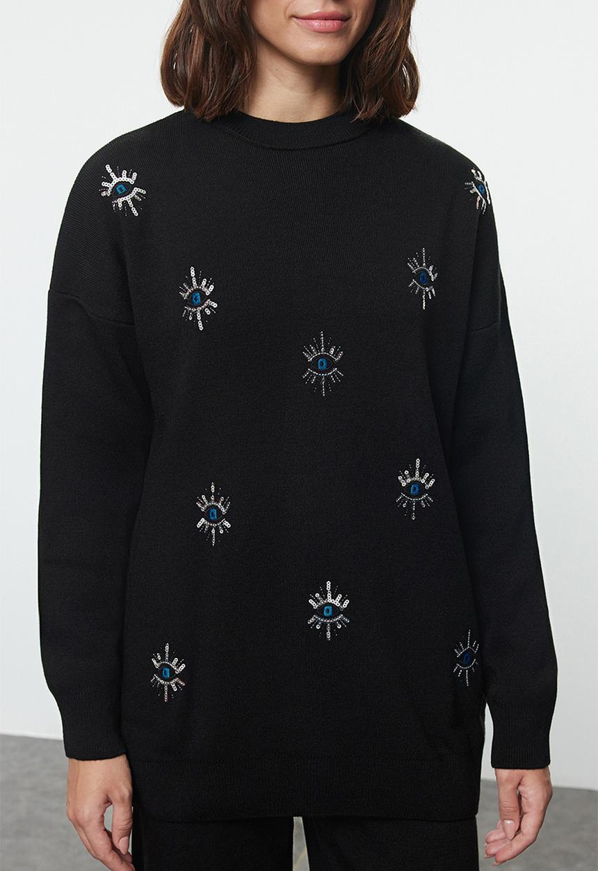 Trendyol - Embroidery eye detailed knitwear bottom-top set - black