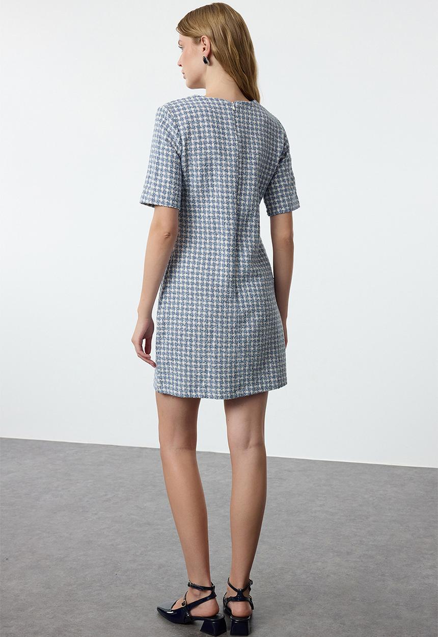 Trendyol - Houndstooth straight cut button detailed tweed woven dress - blue