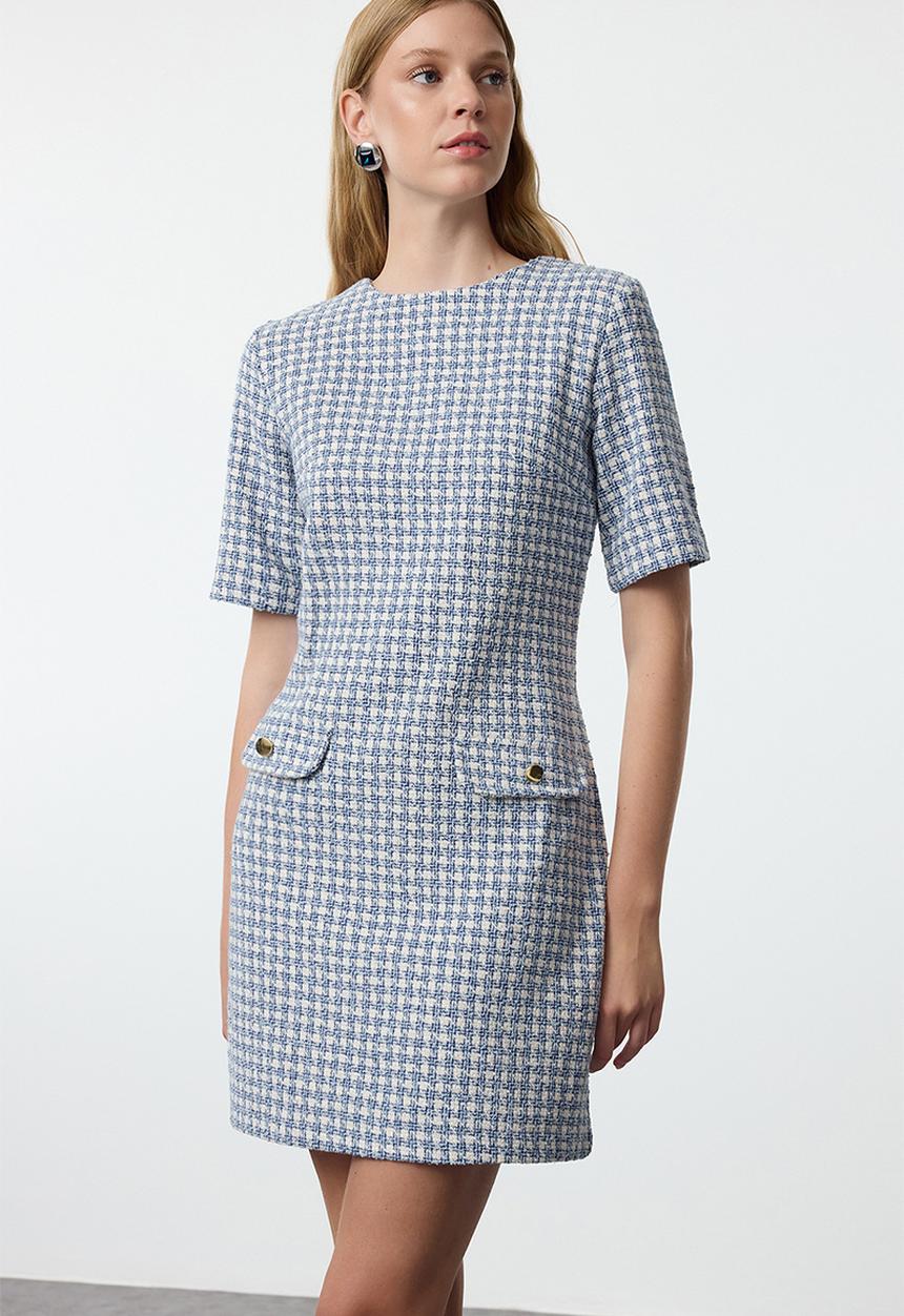 Trendyol - Houndstooth straight cut button detailed tweed woven dress - blue