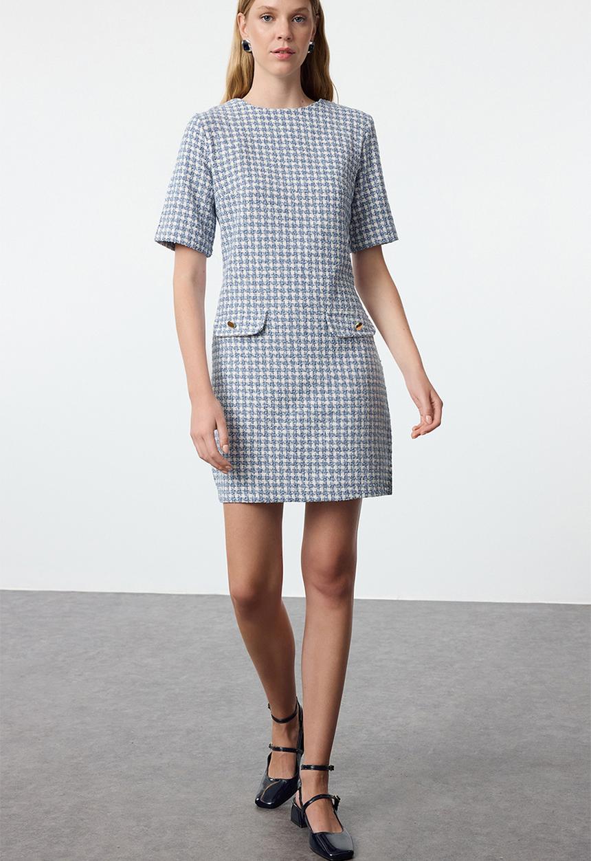 Trendyol - Houndstooth straight cut button detailed tweed woven dress - blue