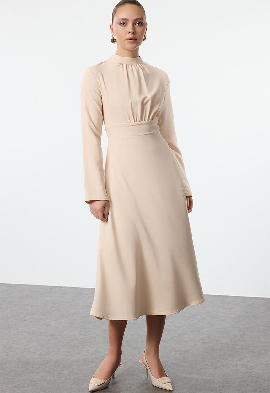Trendyol - Stand collar skater/waist open midi woven dress - stone
