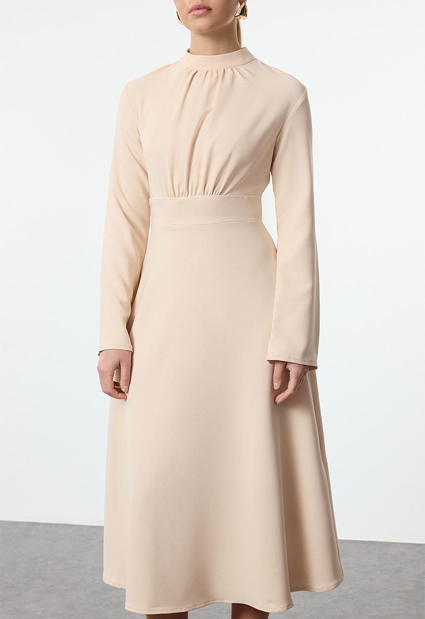 Trendyol - Stand collar skater/waist open midi woven dress - stone