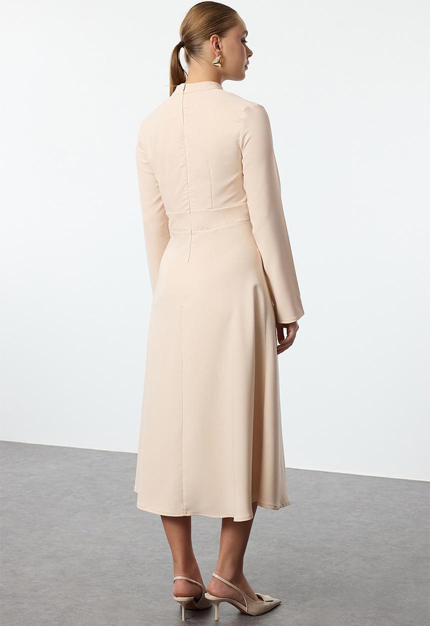 Trendyol - Stand collar skater/waist open midi woven dress - stone
