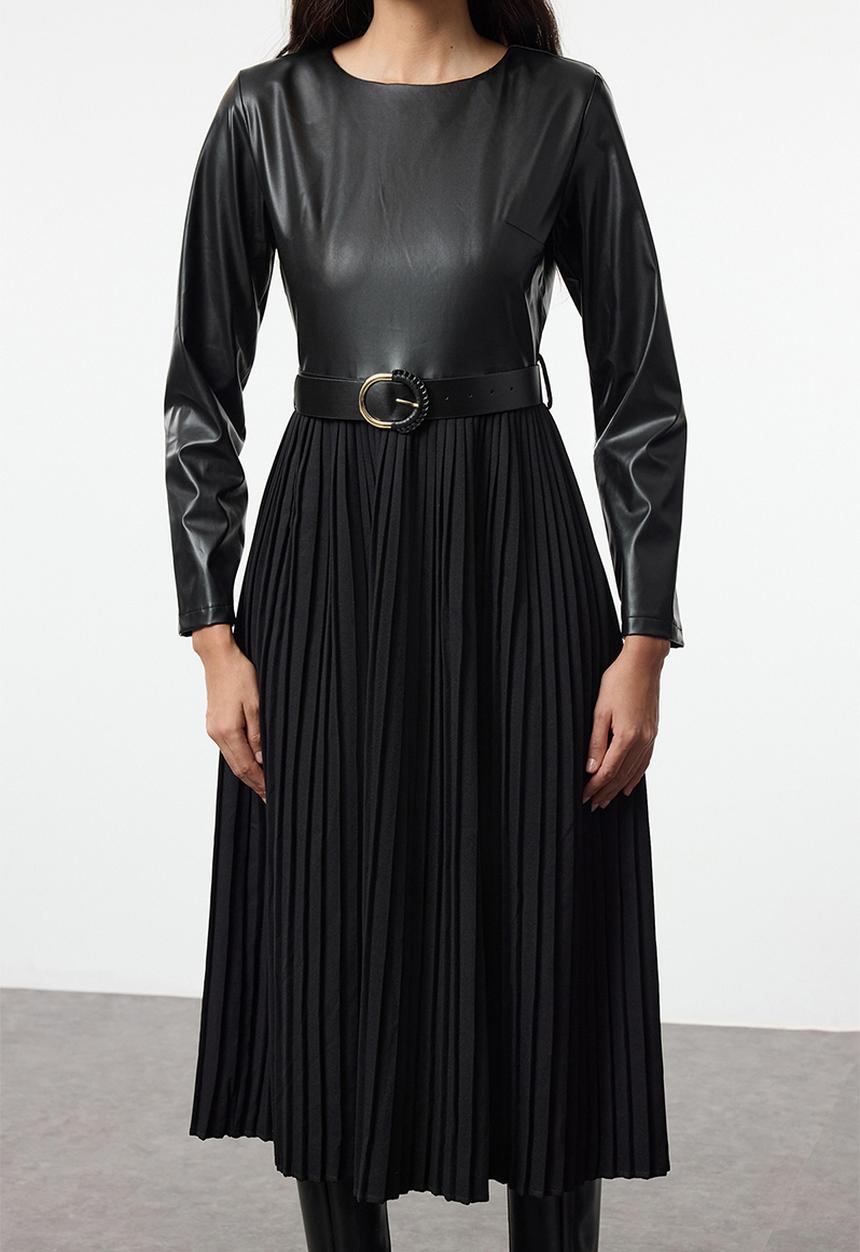 Trendyol - Belted faux leather pleated a-line midi woven dress - black