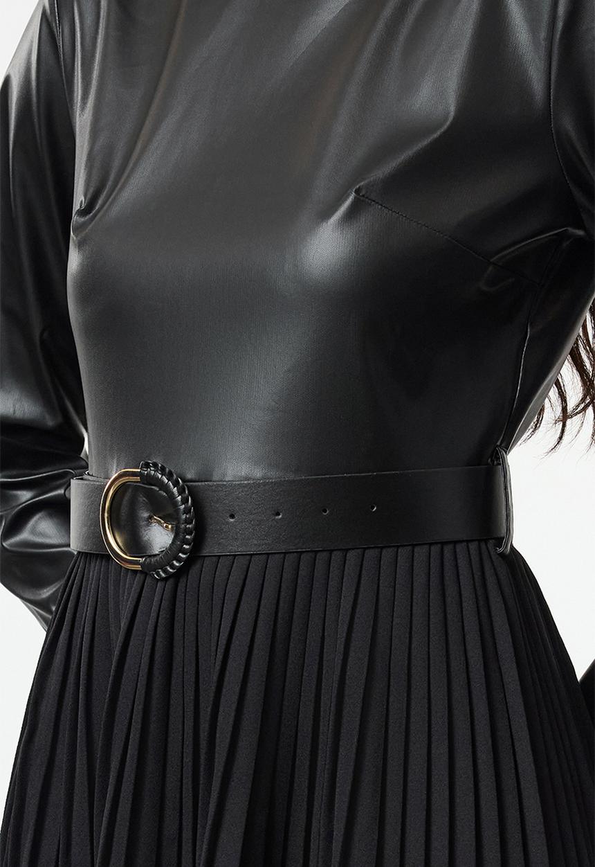 Trendyol - Belted faux leather pleated a-line midi woven dress - black