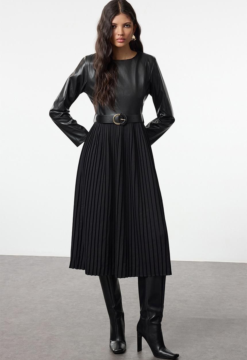 Trendyol - Belted faux leather pleated a-line midi woven dress - black