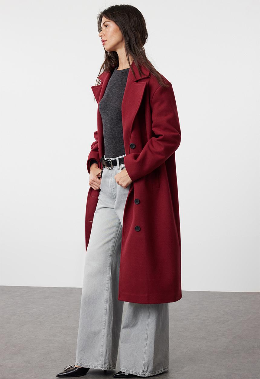 Trendyol - Asymmetric closure soft texture oversize coat - claret red