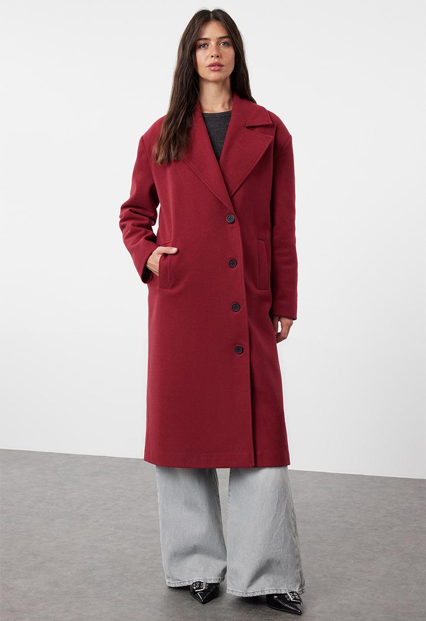 Trendyol - Asymmetric closure soft texture oversize coat - claret red