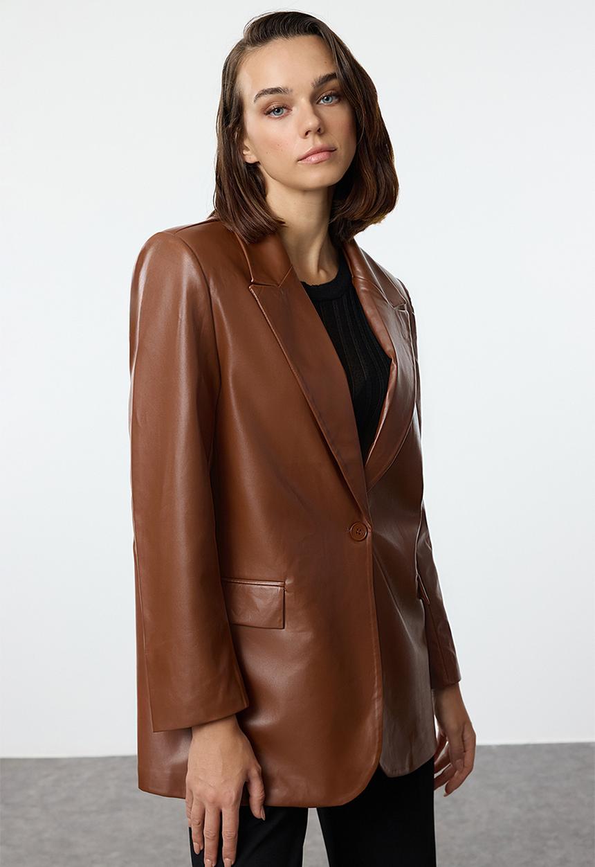 Trendyol - Oversized faux leather woven blazer jacket - brown