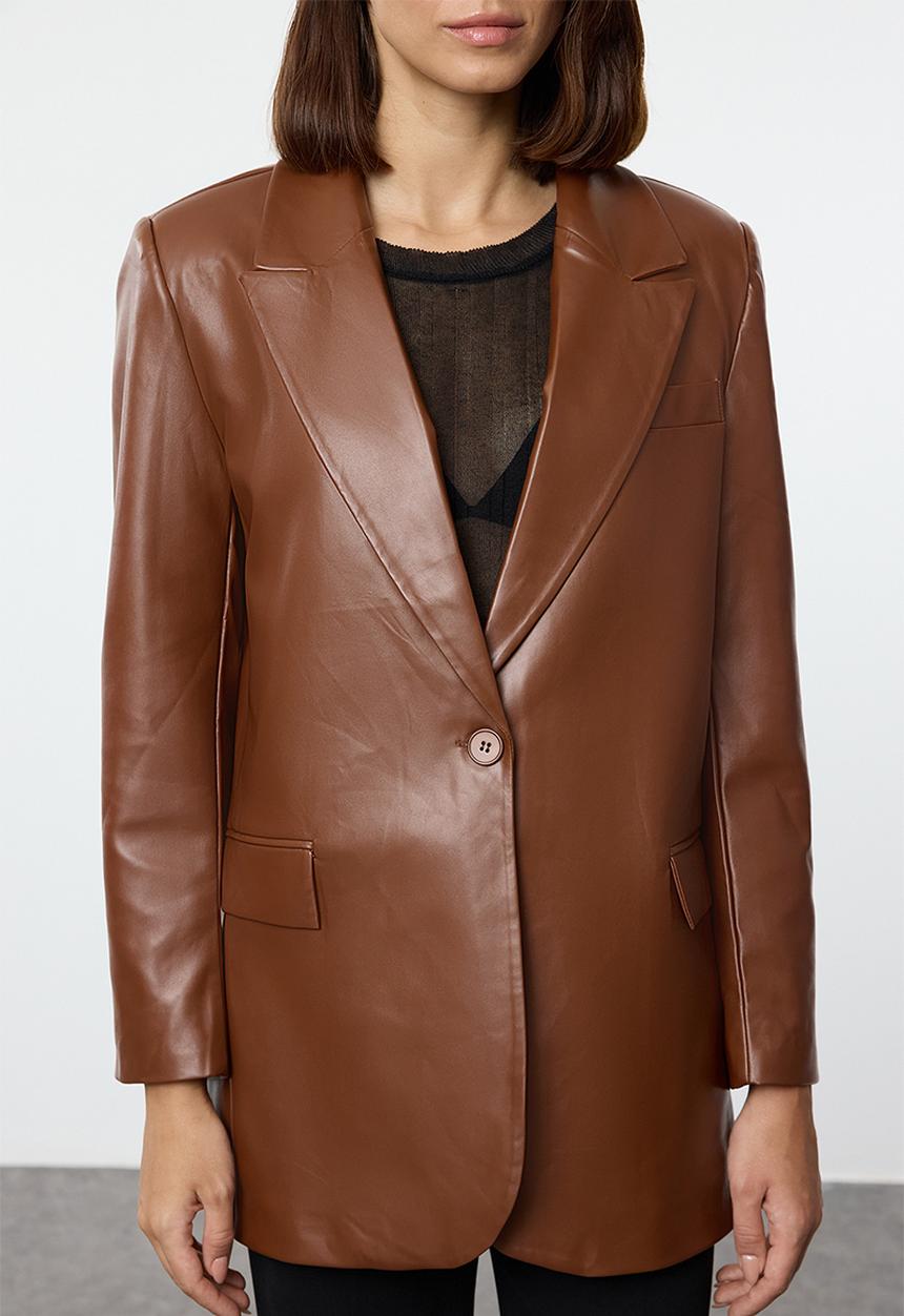 Trendyol - Oversized faux leather woven blazer jacket - brown