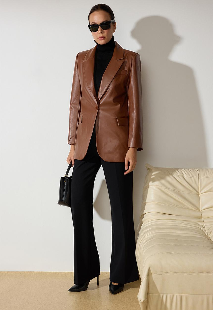 Trendyol - Oversized faux leather woven blazer jacket - brown