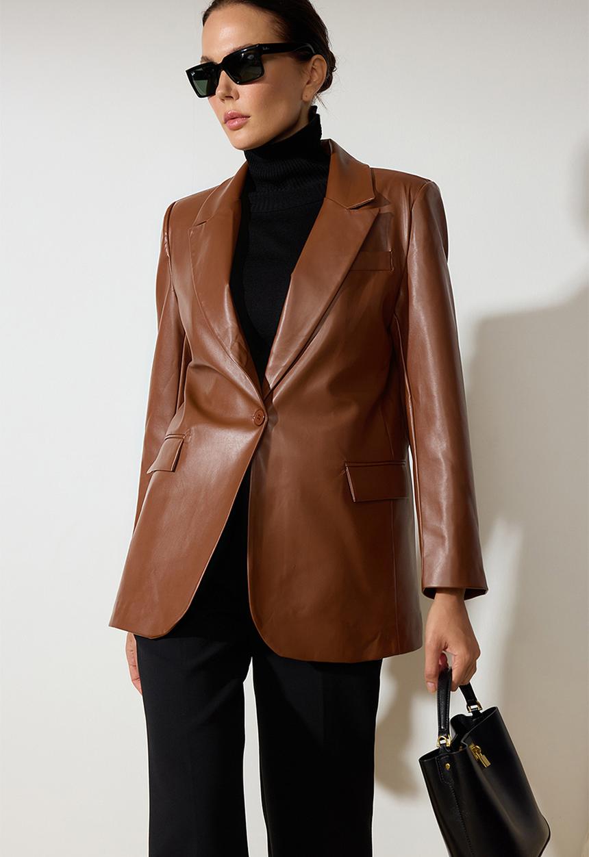 Trendyol - Oversized faux leather woven blazer jacket - brown