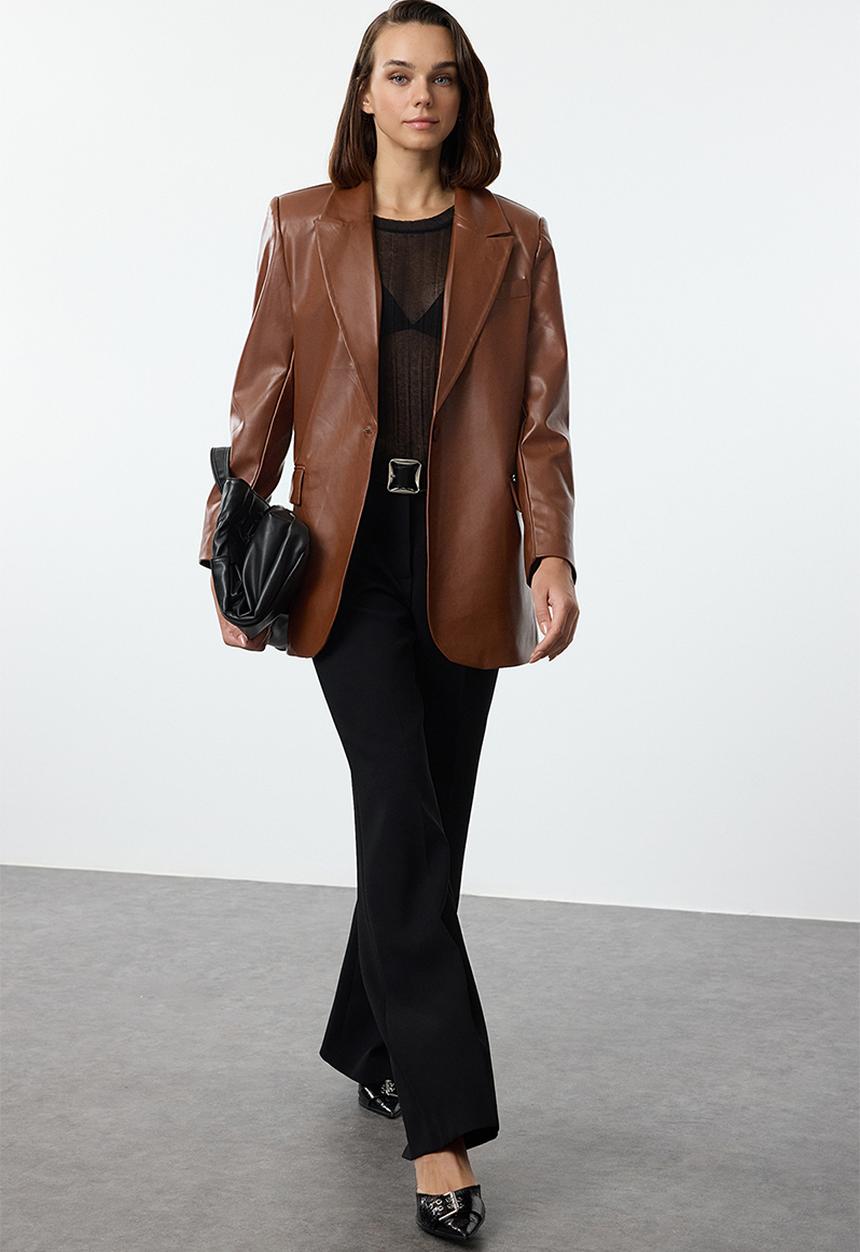 Trendyol - Oversized faux leather woven blazer jacket - brown
