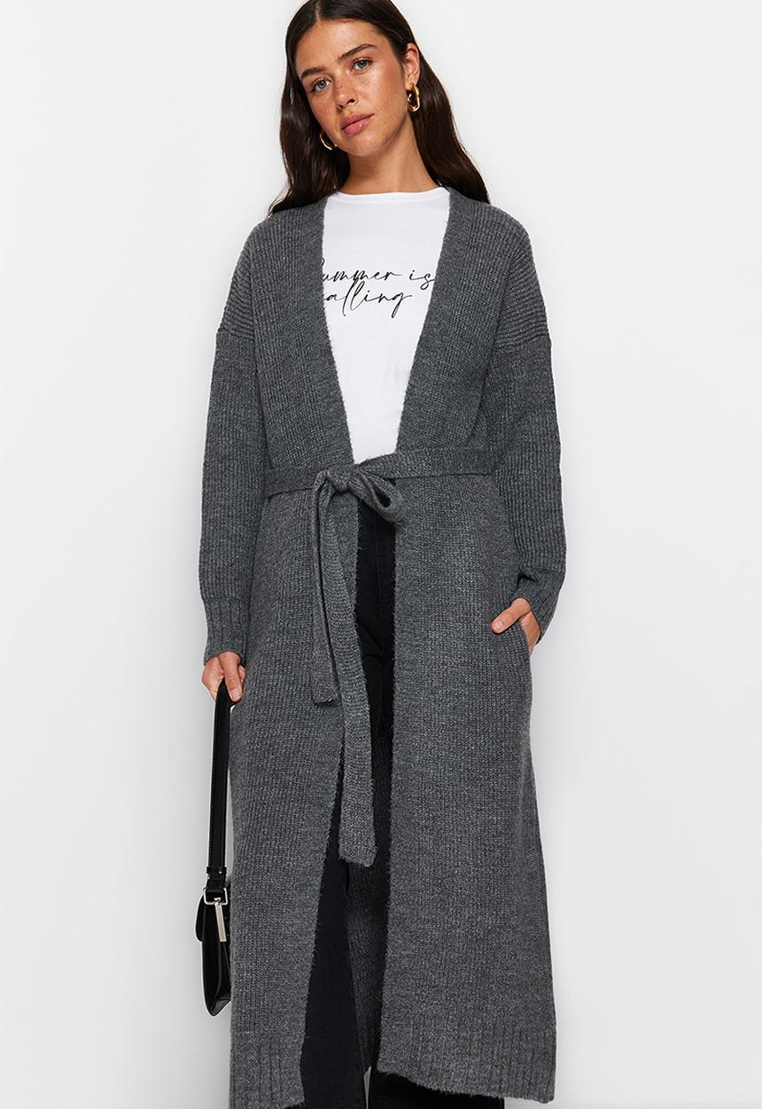 Trendyol - Belted long thessaloniki knitted sweater cardigan - anthracite 