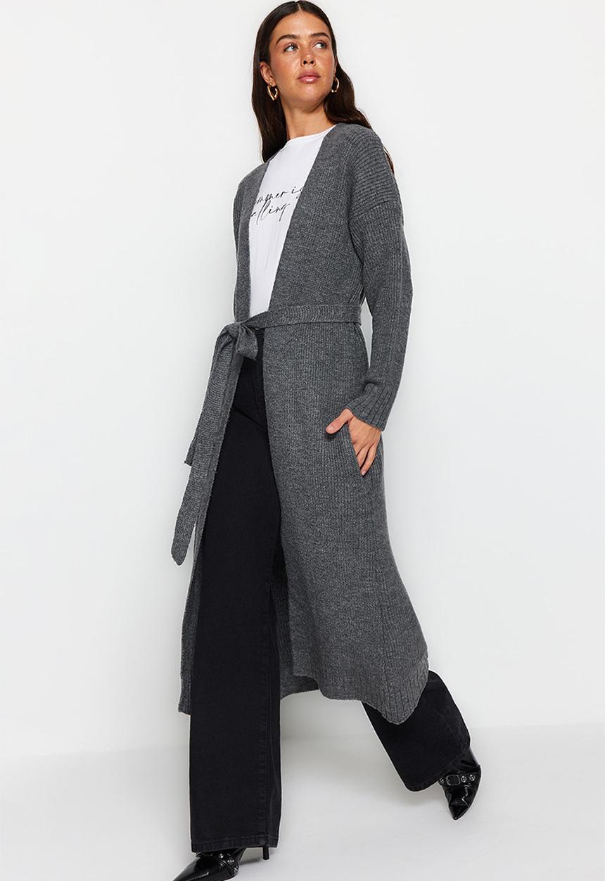 Trendyol - Belted long thessaloniki knitted sweater cardigan - anthracite 