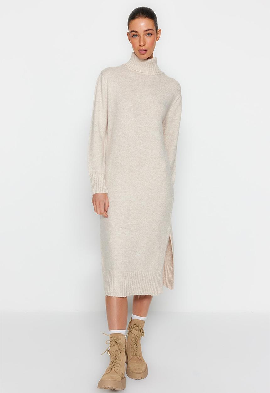 Trendyol - Midi knitwear wide pattern soft texture dress - stone 