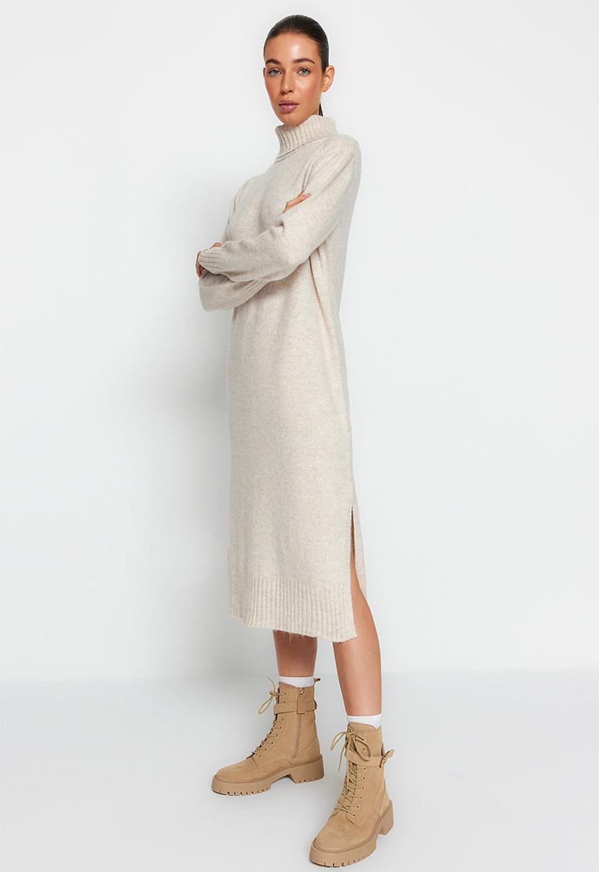 Trendyol - Midi knitwear wide pattern soft texture dress - stone 