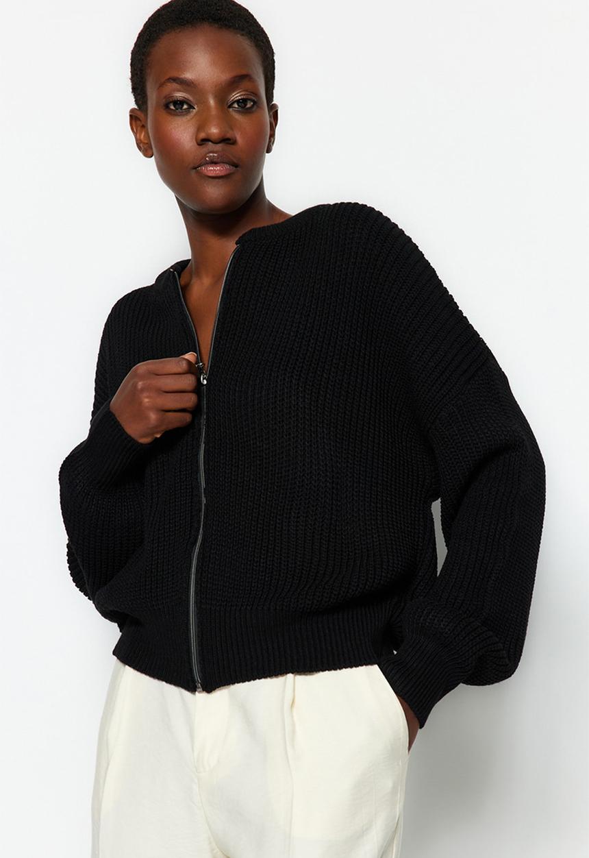 Trendyol - Wide pattern bomber collar zippered knitwear cardigan - black 