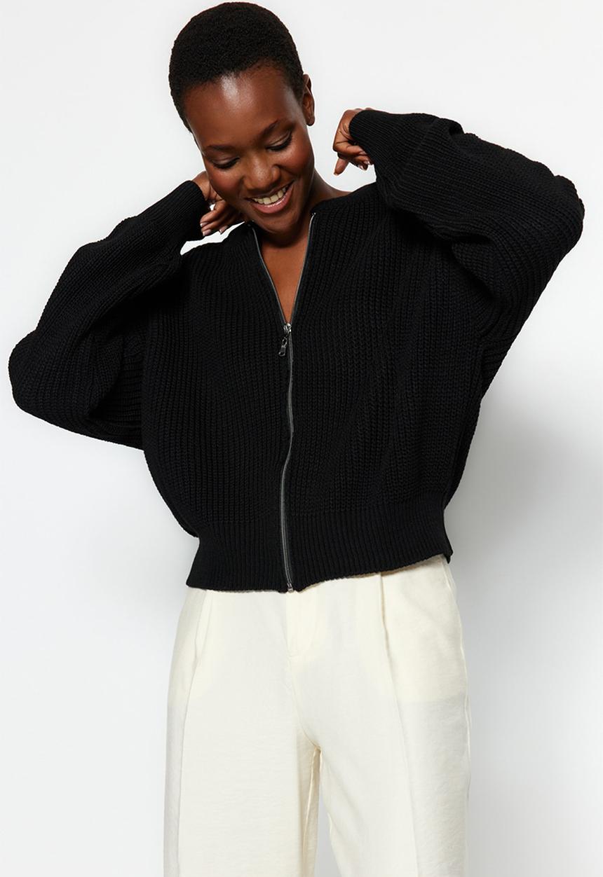 Trendyol - Wide pattern bomber collar zippered knitwear cardigan - black 
