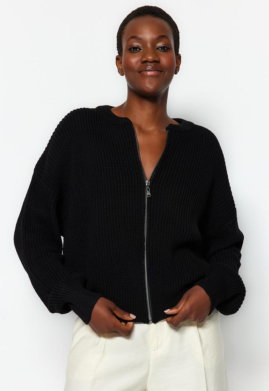 Trendyol - Wide pattern bomber collar zippered knitwear cardigan - black 