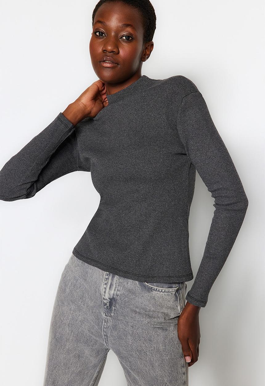 Trendyol - Fitted high collar long sleeve ribbed top - dark anthracite